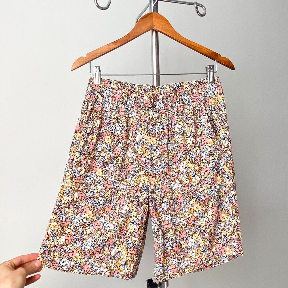 ☀️ Small Blue Pink Orange Pastel High Waisted Small Floral Print Bermuda Shorts